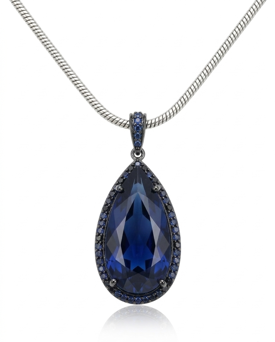 Sapphire Pendant with Pavé Sapphire Frame
