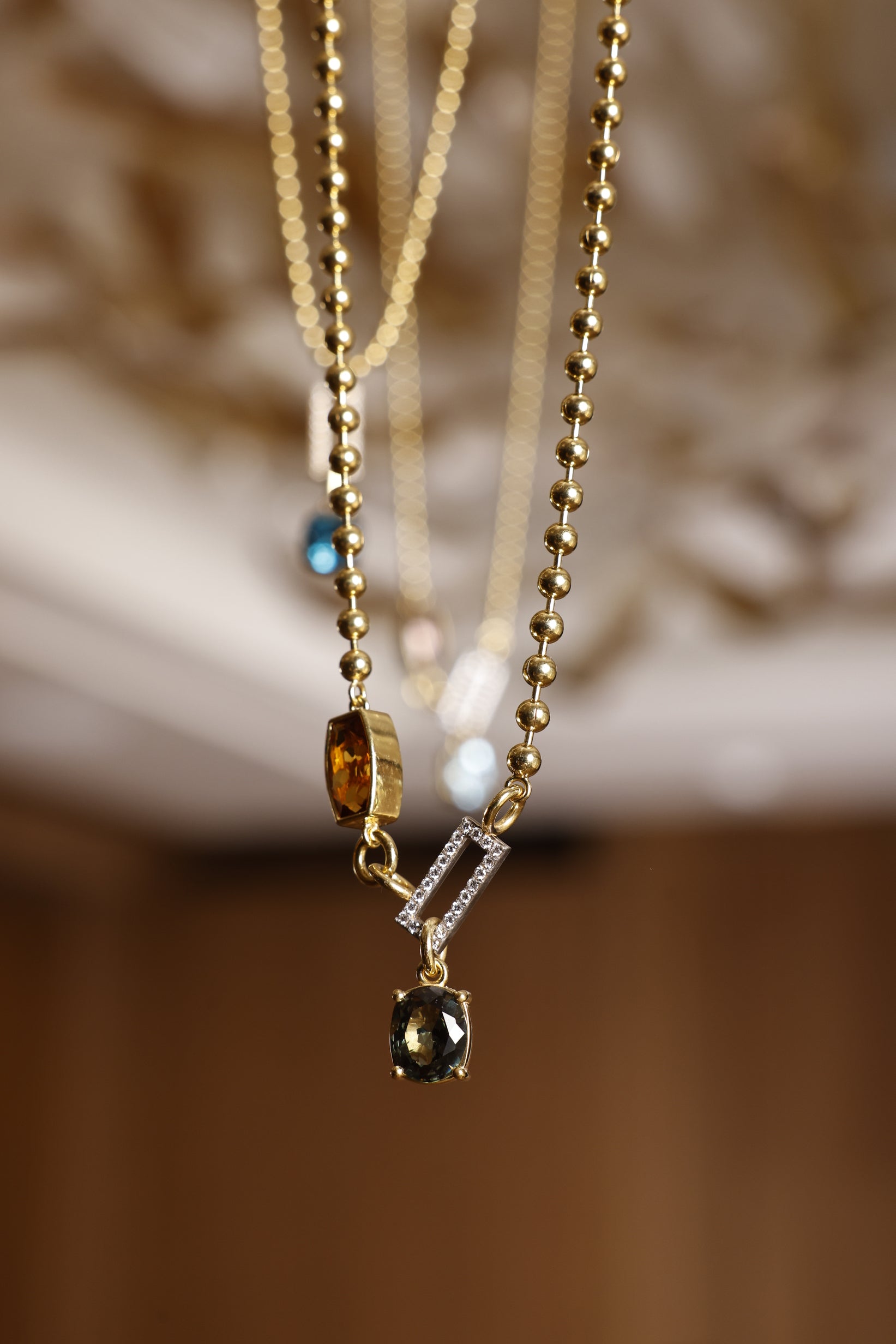 Green Tourmaline & Citrine In-Frame Necklace with Pavé Diamonds