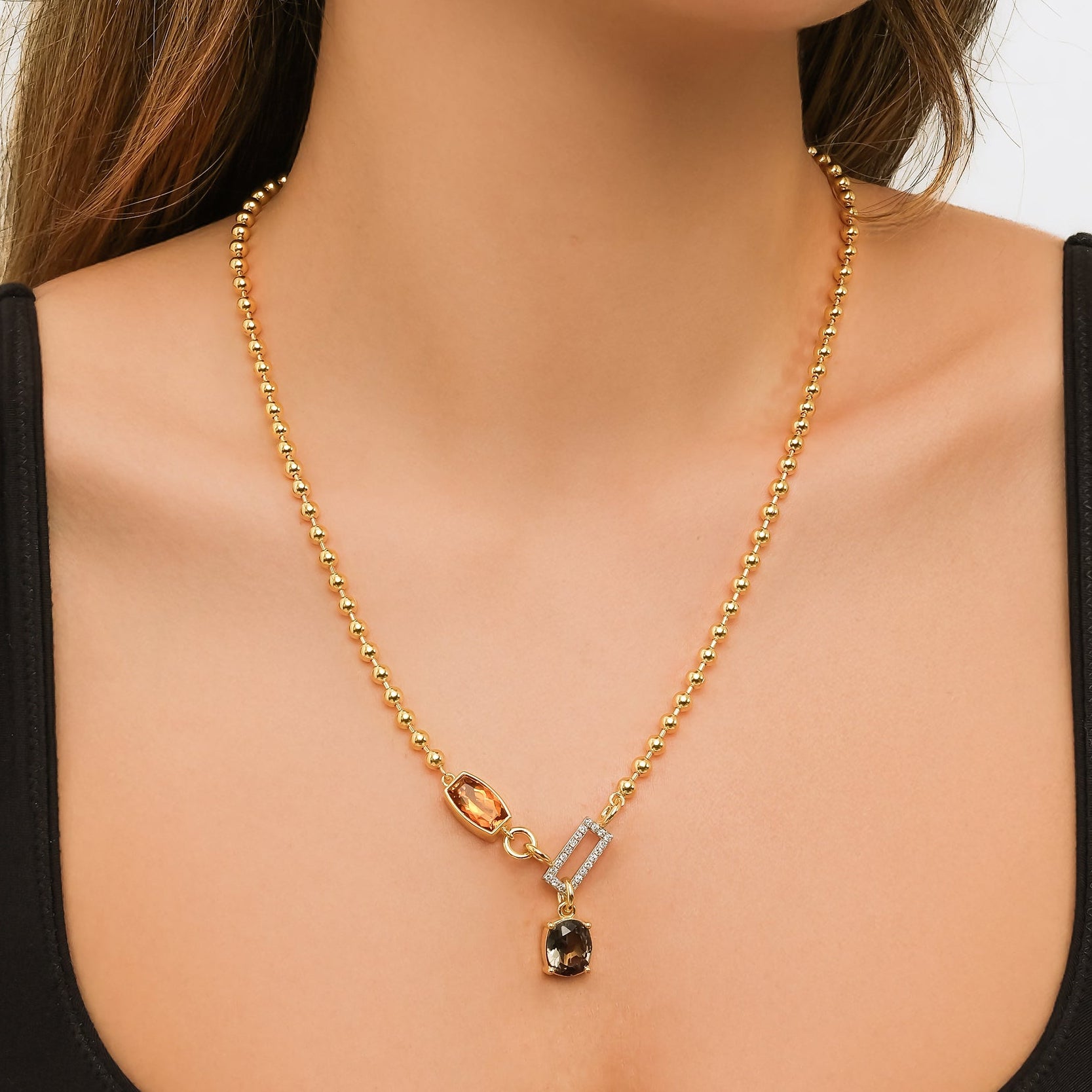Green Tourmaline & Citrine In-Frame Necklace with Pavé Diamonds